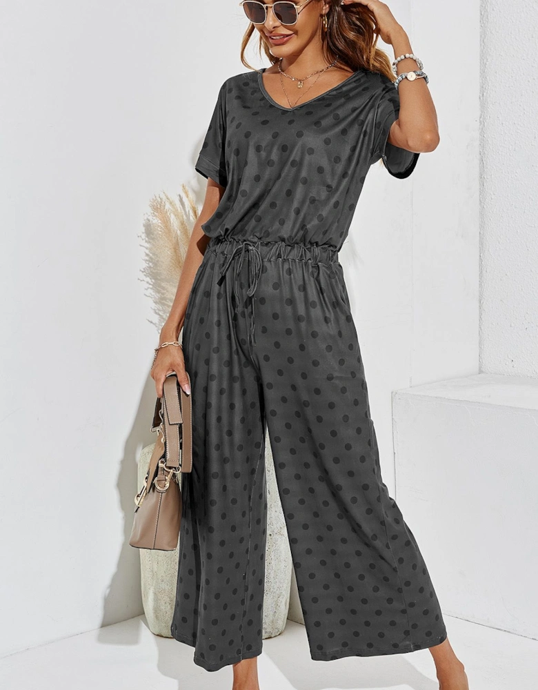 Black Polk Dot Loose Jumpsuit With Short Sleeve In Grey