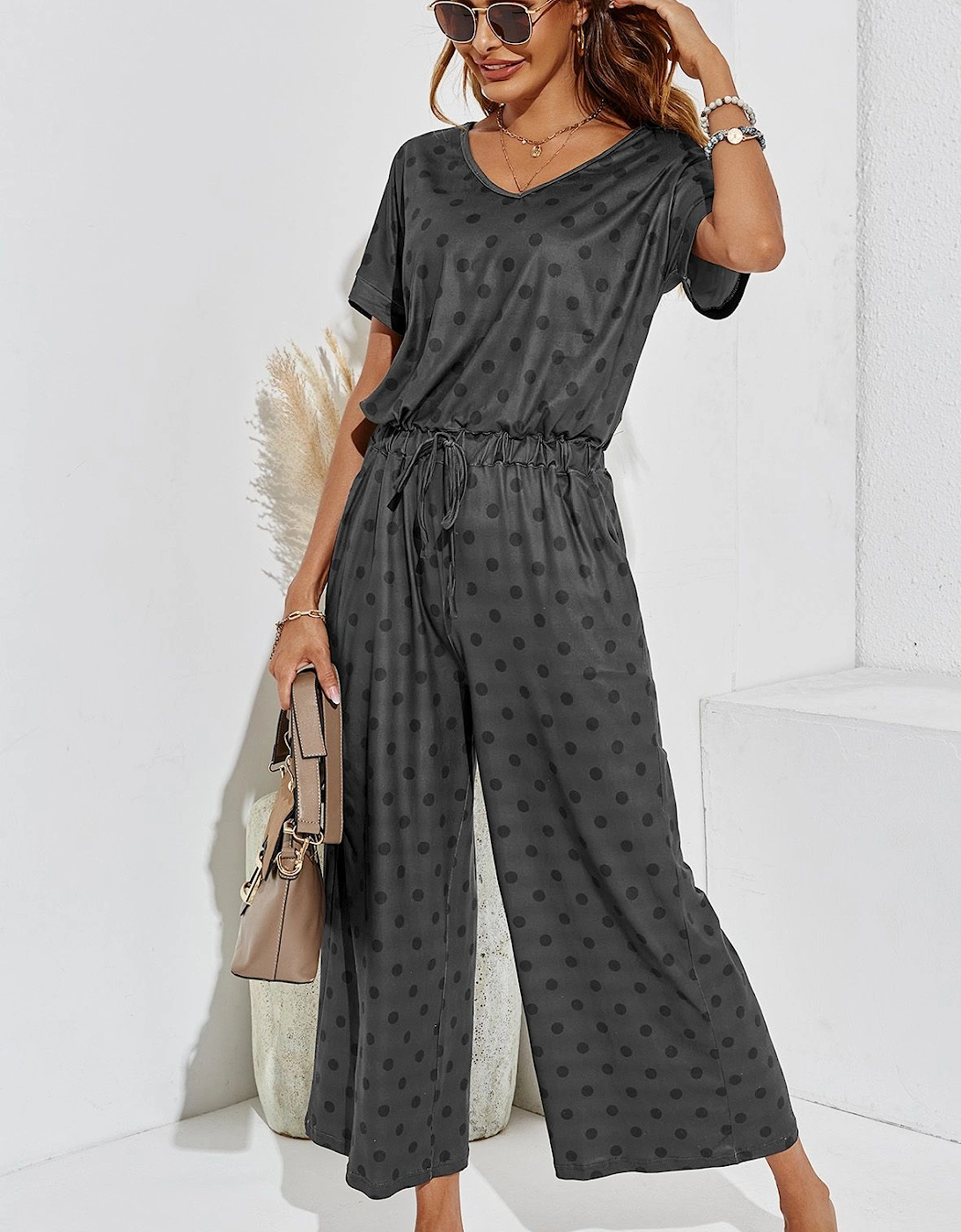 Black Polk Dot Loose Jumpsuit With Short Sleeve In Grey, 2 of 1