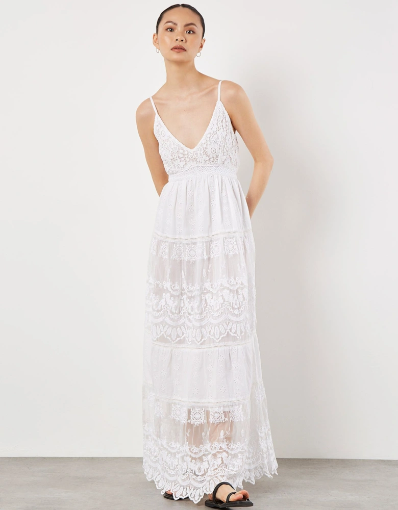 Embroidered Mesh Tiered Maxi Dress