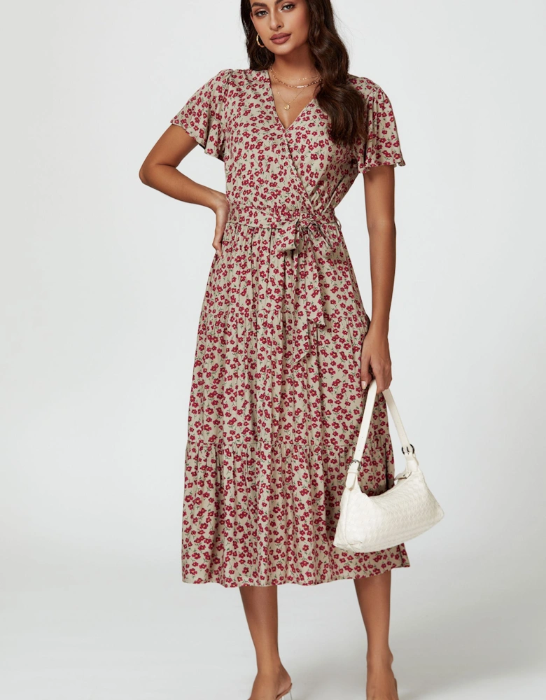 Pink Floral Print Wrap Midi Dress In Beige