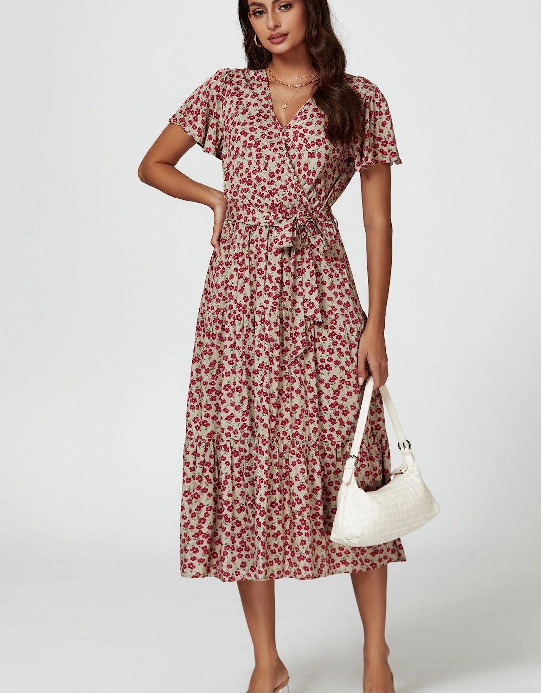 Pink Floral Print Wrap Midi Dress In Beige, 2 of 1