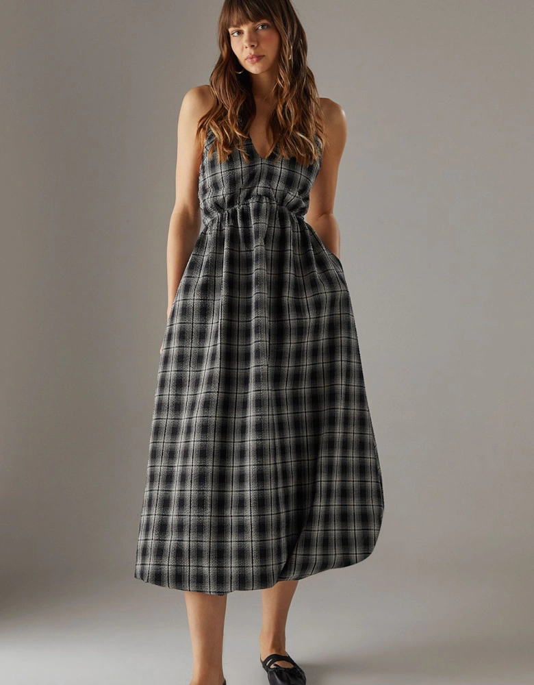 Check Halter Open Back Puff Ball Midi Sundress