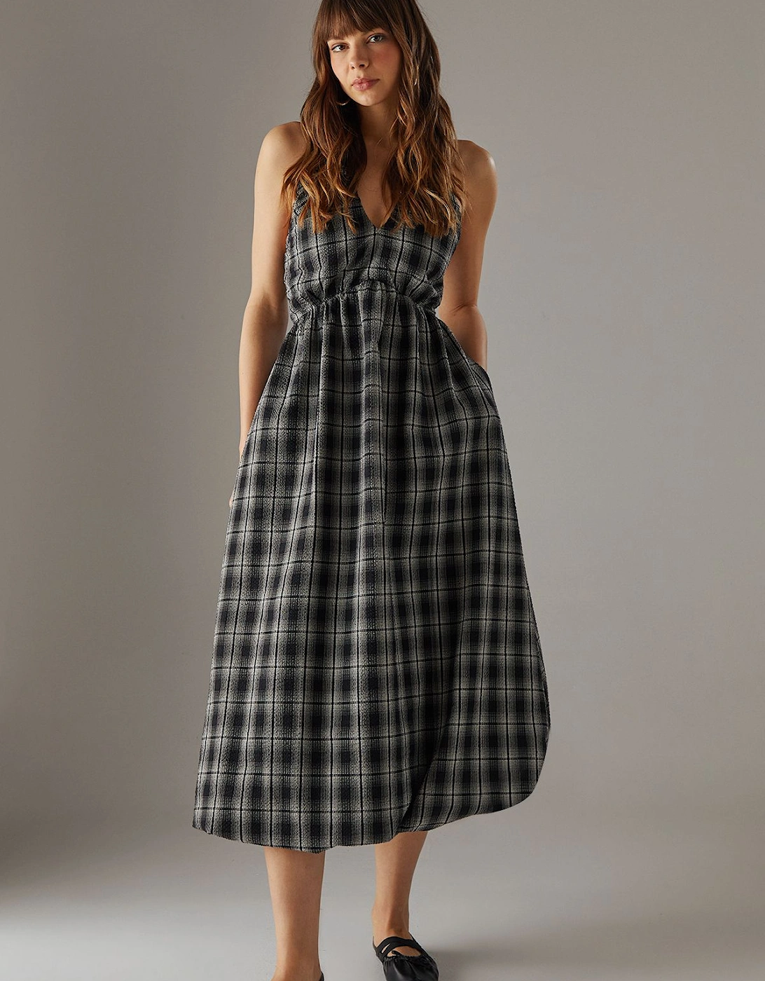 Check Halter Open Back Puff Ball Midi Sundress, 2 of 1