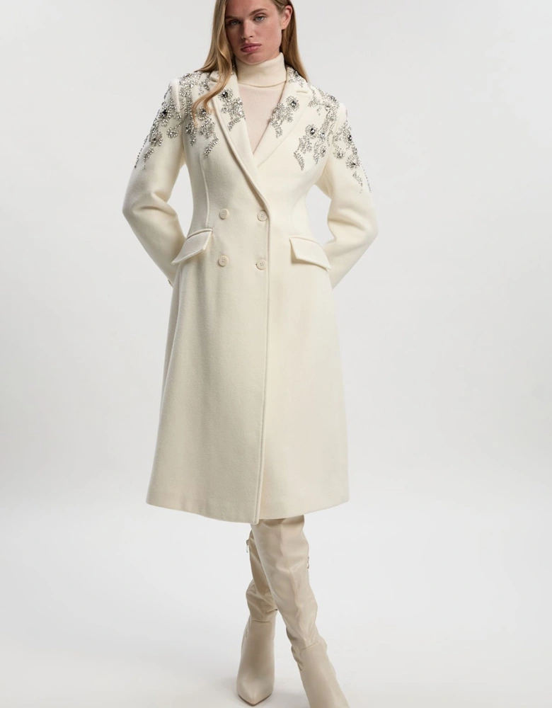 Tailored Wool Embellished Double Breasted Midi Coat