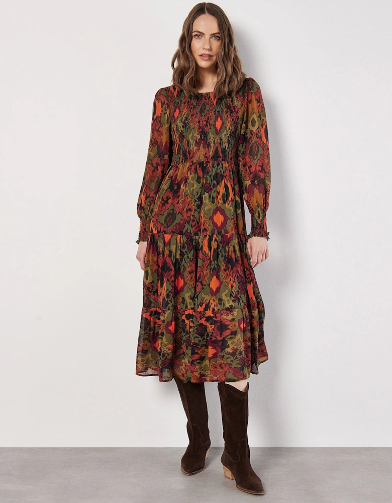 Ikat Chiffon Smocked Midi Dress