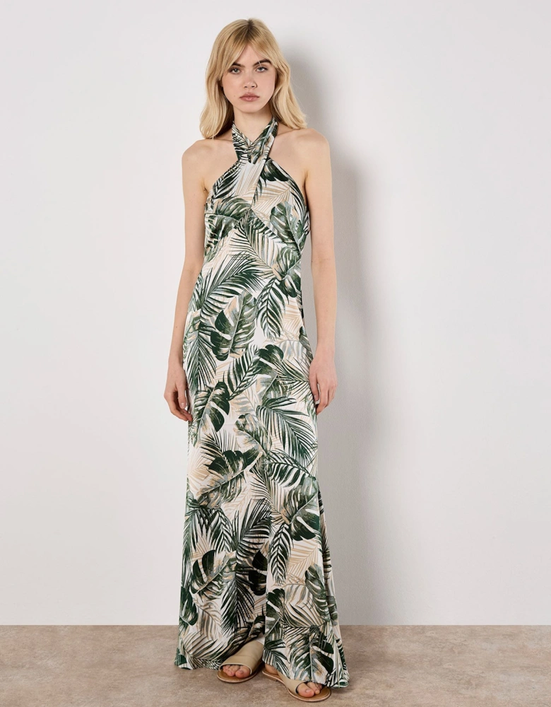 Tropical Leaf Satin Maxi Dress