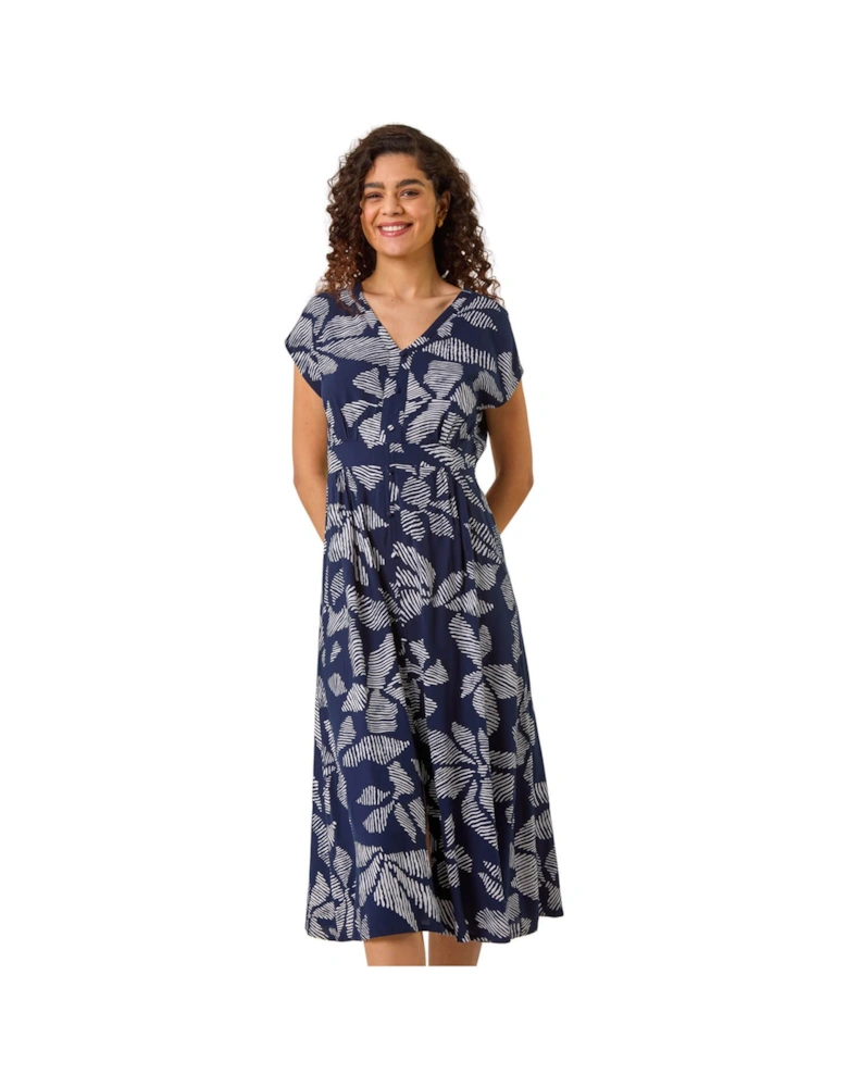 Leaf Print Buttoned Midi Dress