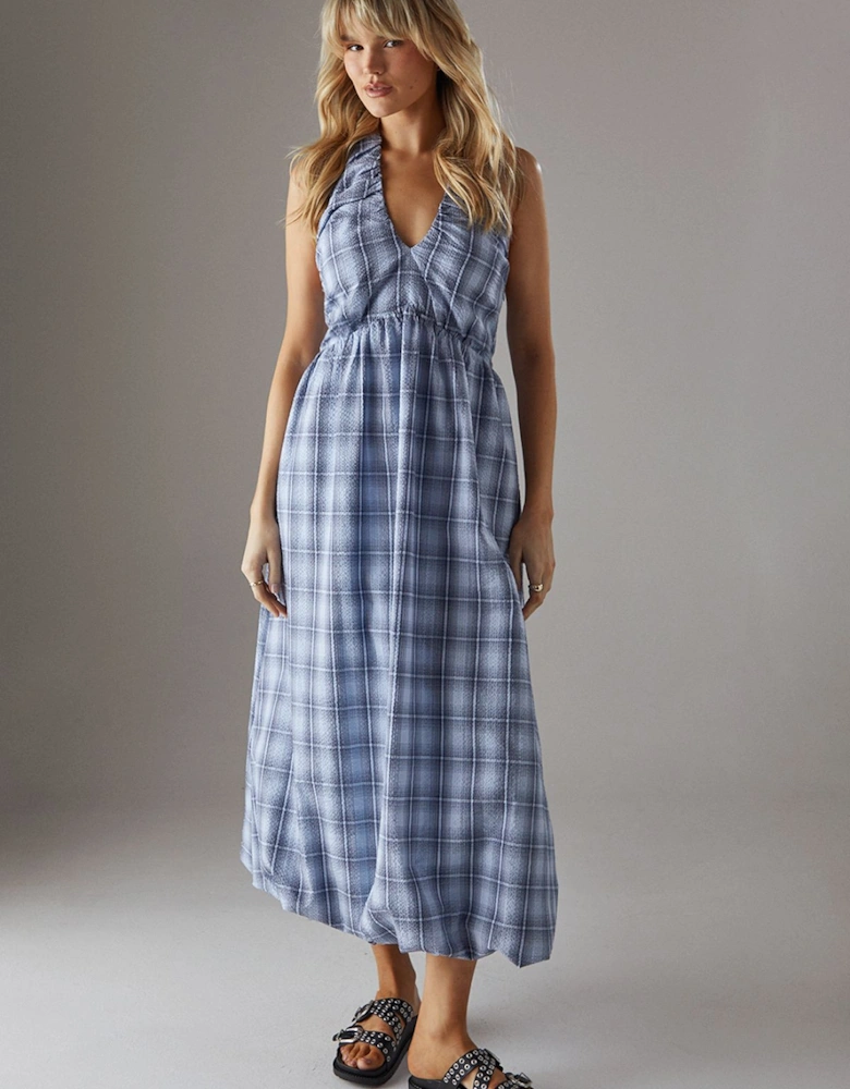Check Halter Open Back Puff Ball Midi Sundress