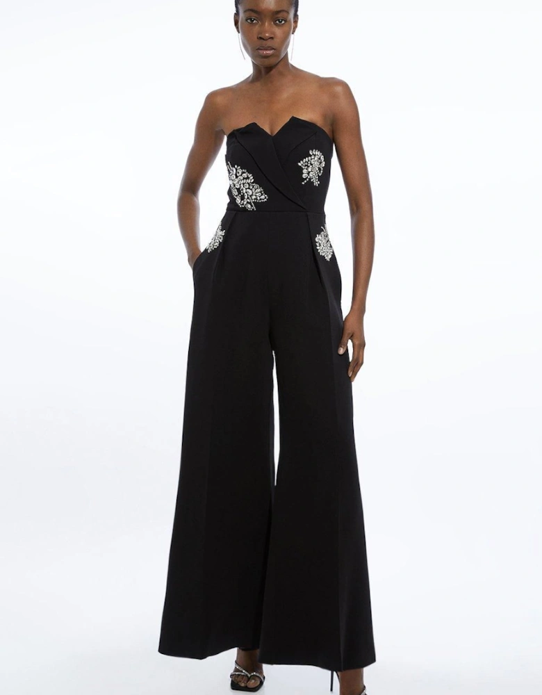 Crystal Embellished Bandeau Wrap Tailored Wide Leg Contrast Jumpsuit
