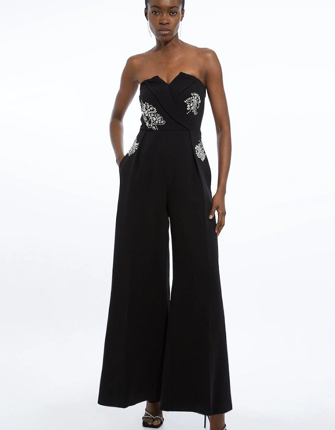 Crystal Embellished Bandeau Wrap Tailored Wide Leg Contrast Jumpsuit, 2 of 1