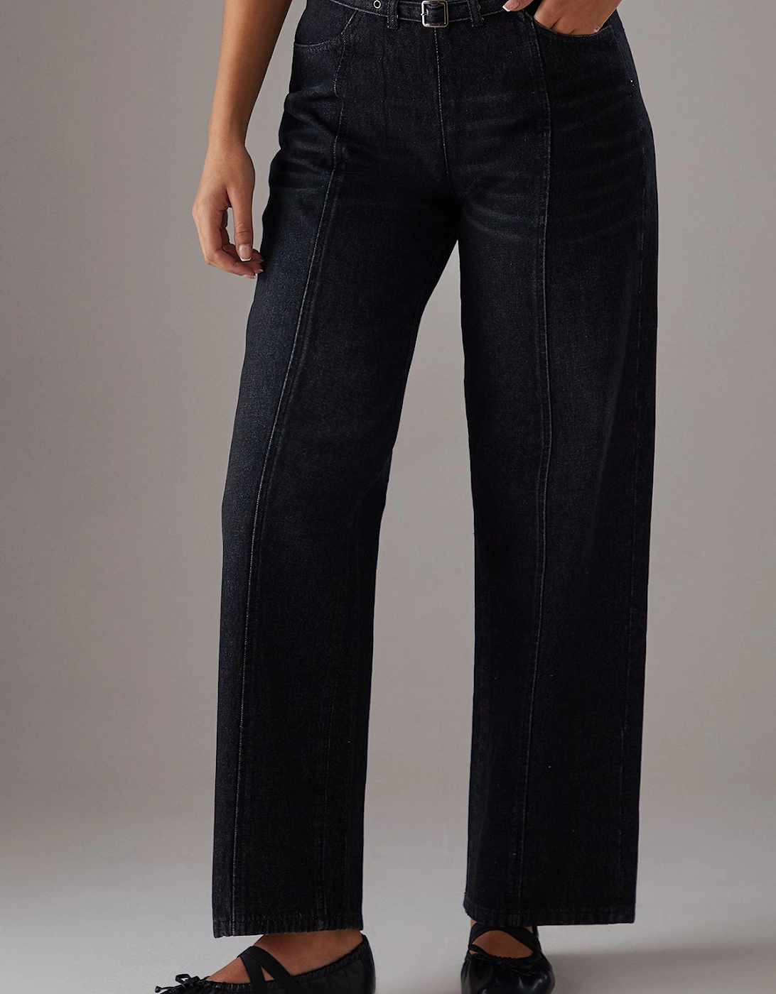 Denim Low Rise Seam Detail Belted Wide Leg Jean, 2 of 1