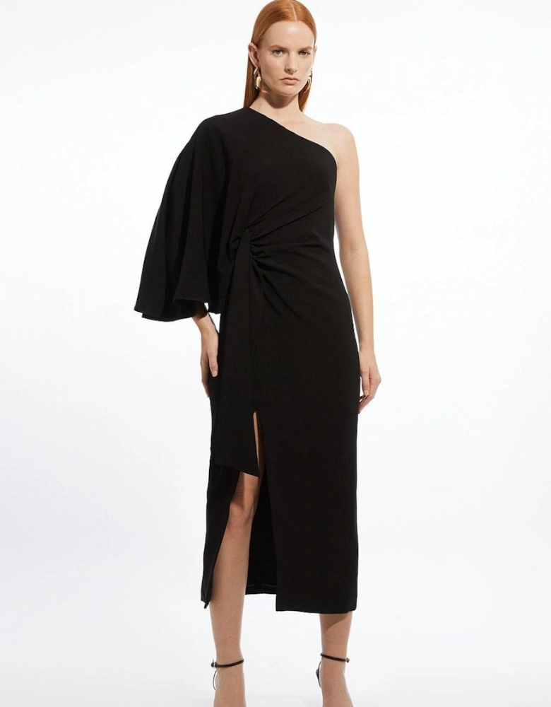 Compact Stretch Viscose Drape Sleeve One Shoulder Tailored Maxi Dress