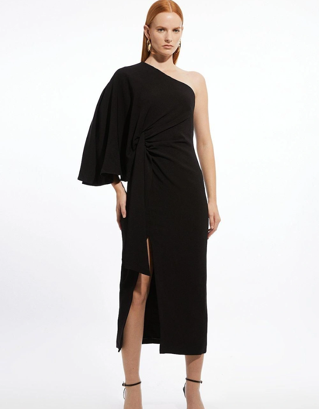 Compact Stretch Viscose Drape Sleeve One Shoulder Tailored Maxi Dress, 2 of 1