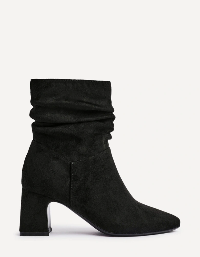 Maven Black Faux Suede Ruched Block Heel Ankle Boot