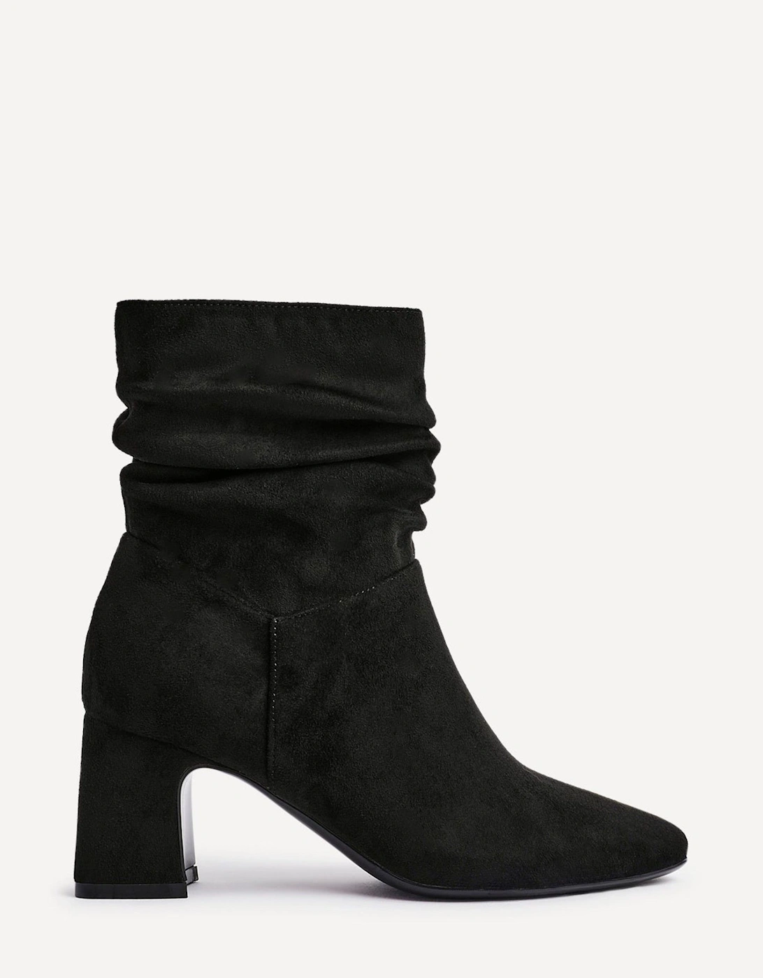 Maven Black Faux Suede Ruched Block Heel Ankle Boot, 2 of 1