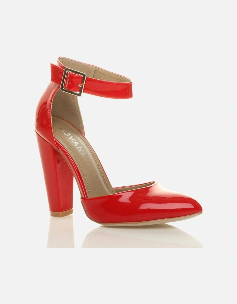 High Block Heel Ankle Strap Pointed Toe Patent 2 Part Heels