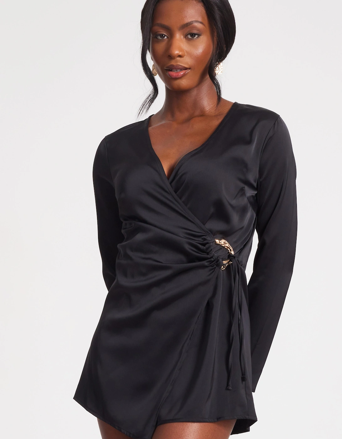 Black Satin Wrap Playsuit, 2 of 1