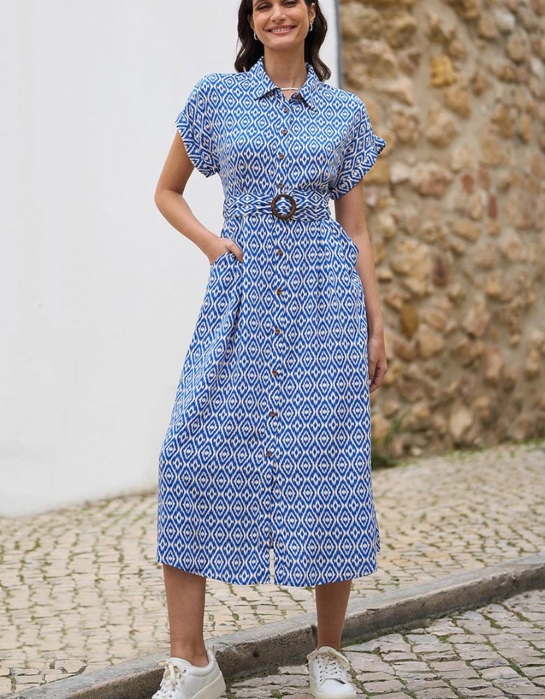 Blue Viscose Midi Shirt Dress With Matching Belt