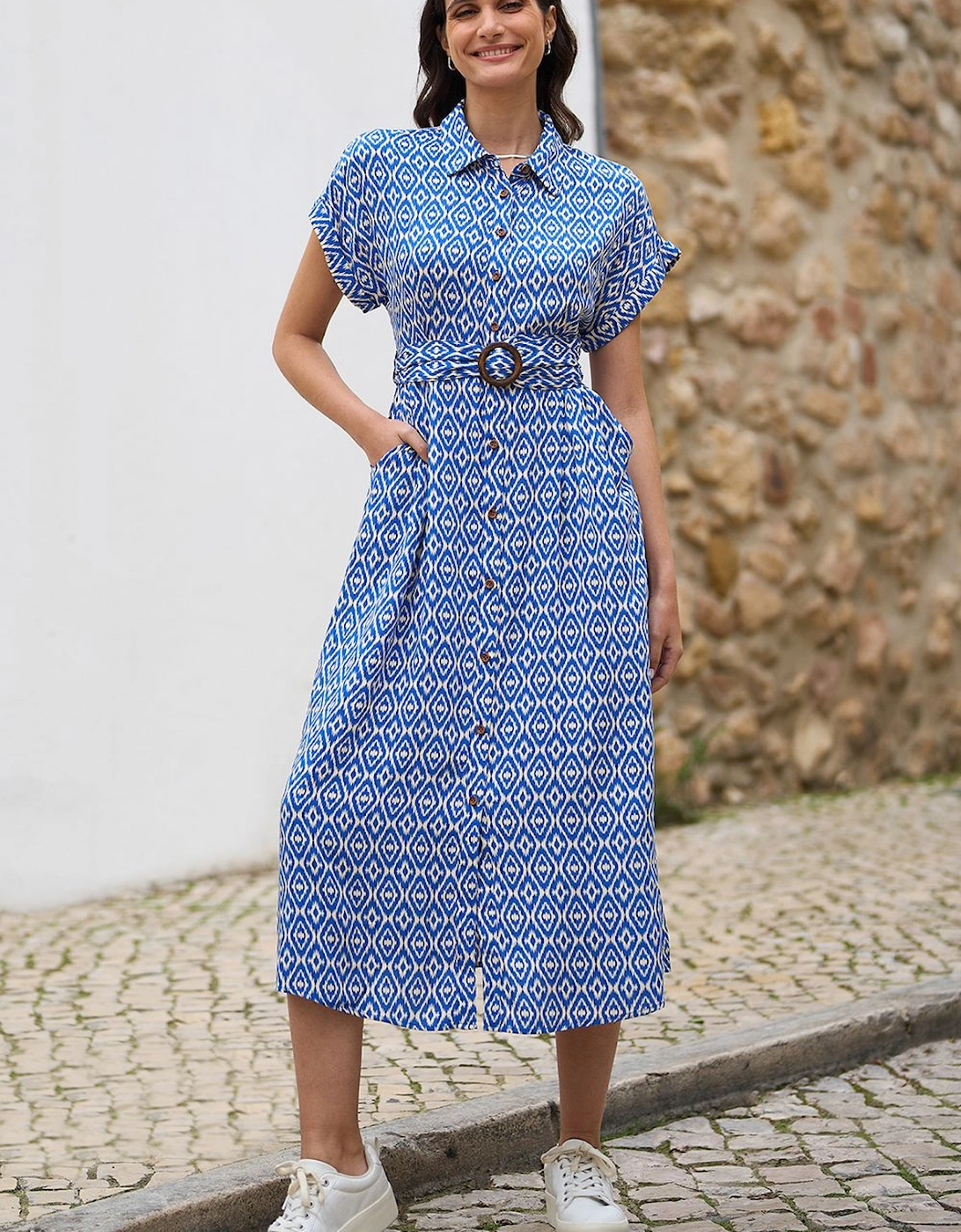 Blue Viscose Midi Shirt Dress With Matching Belt, 2 of 1