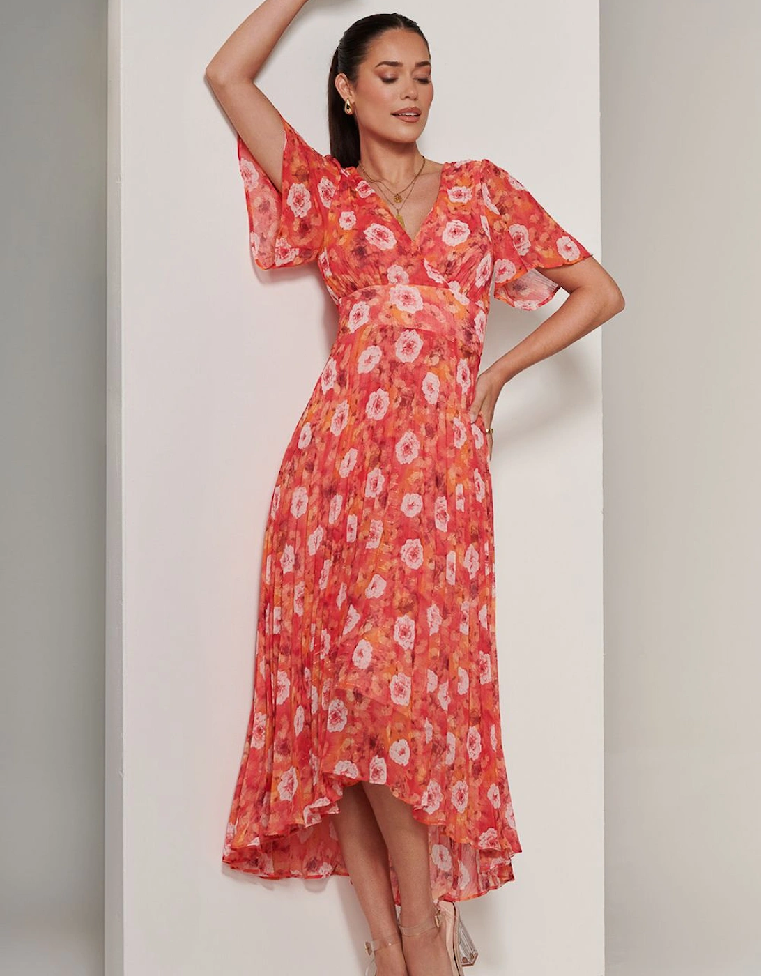 Floral Pleated Chiffon Dip Hem Dress, 2 of 1