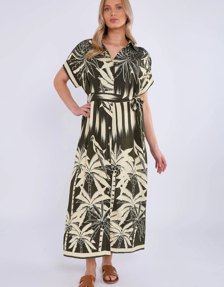 Khaki Tropical Print Midi Shirt Dress