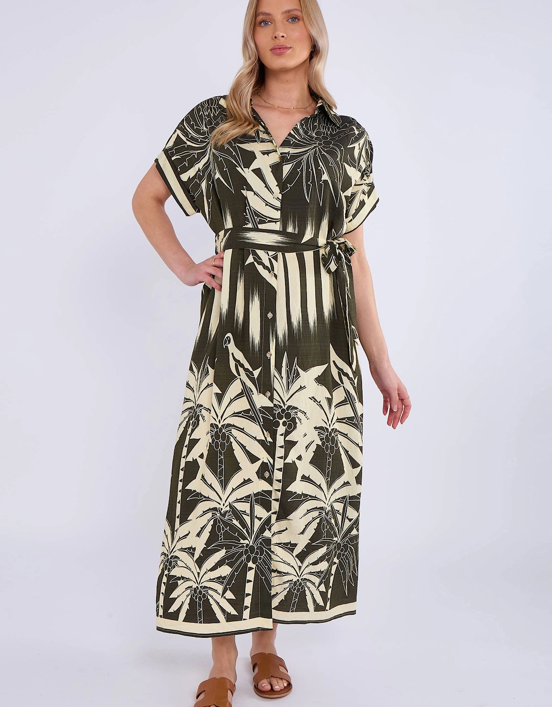Khaki Tropical Print Midi Shirt Dress, 2 of 1