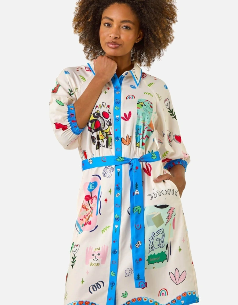Motif Print Tie Waist Shirt Dress