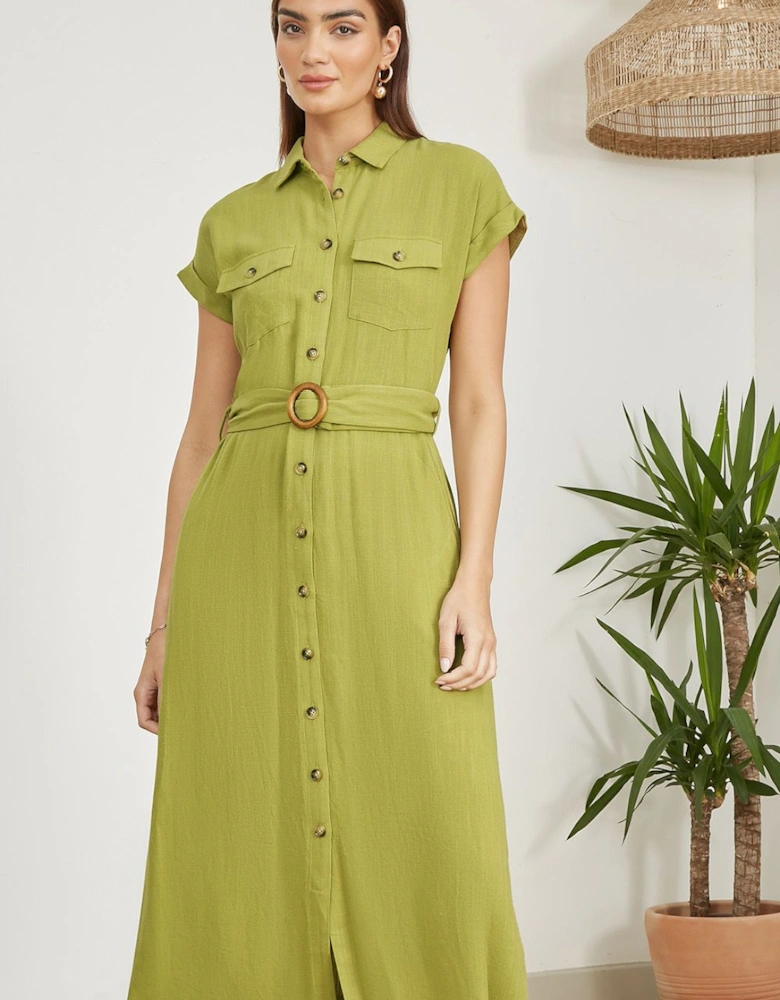 Green Viscose Linen Look Midi Shirt Dress With Wooden Belt