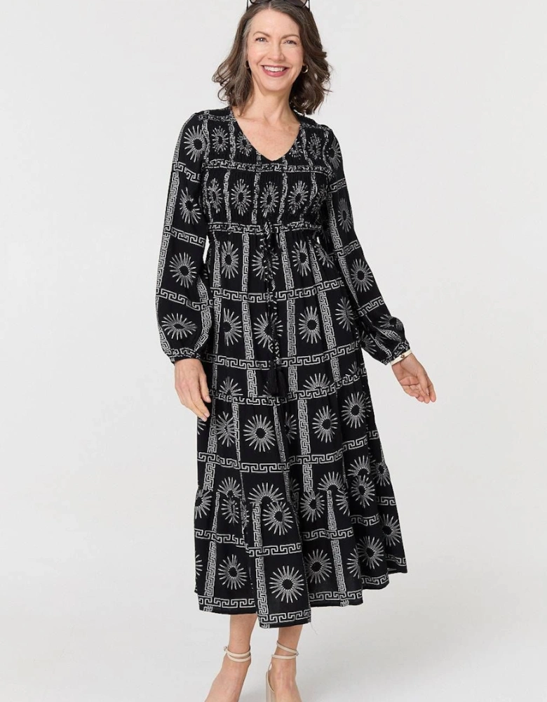 Printed Long Sleeve Tie Waist Midi Dress