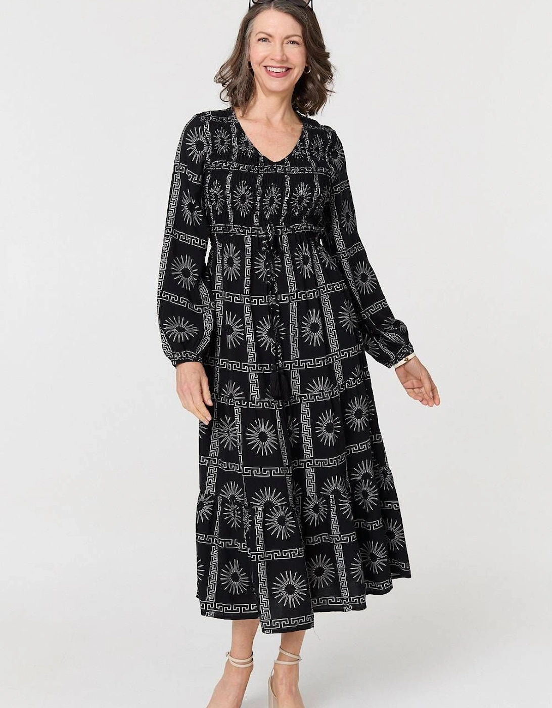 Printed Long Sleeve Tie Waist Midi Dress, 2 of 1