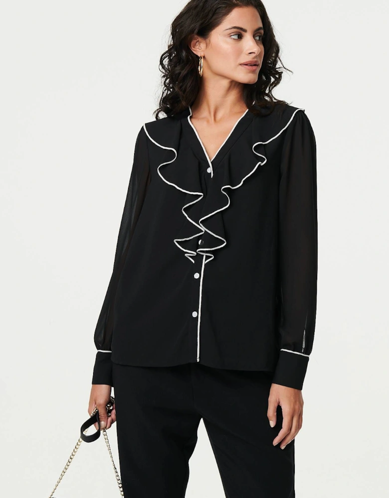 Contrast Trim Semi Sheer Ruffled Blouse