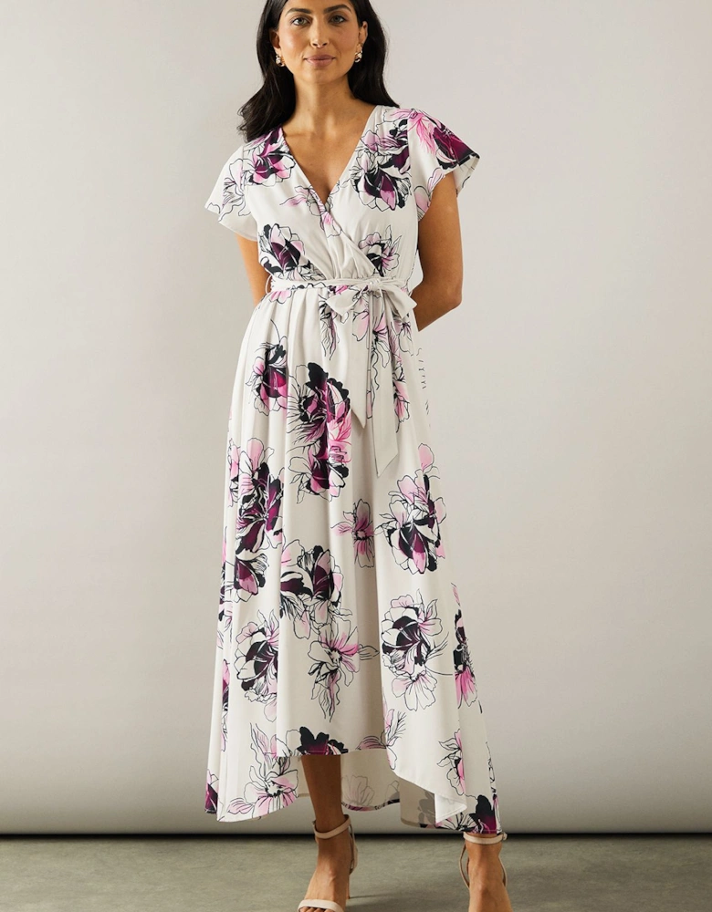 Floral Wrap Angel Sleeve Midi Dress