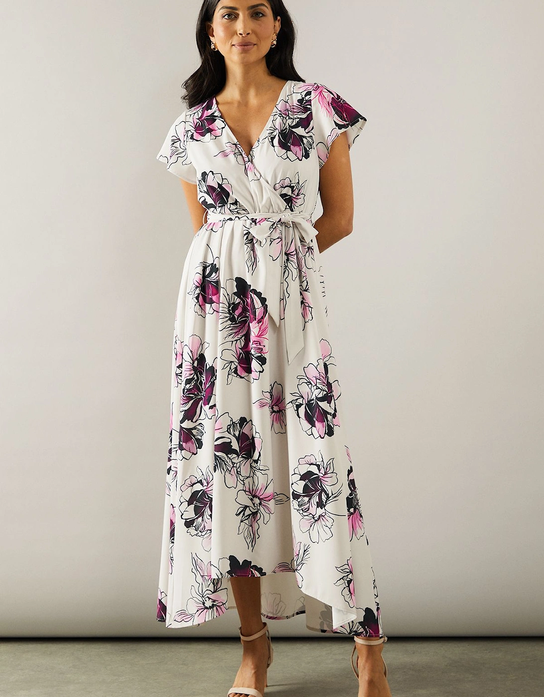 Floral Wrap Angel Sleeve Midi Dress, 2 of 1