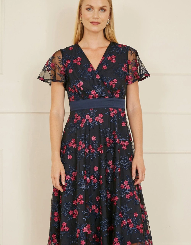 Navy Embroidered Floral Mesh Wrap Midi Skater Dress