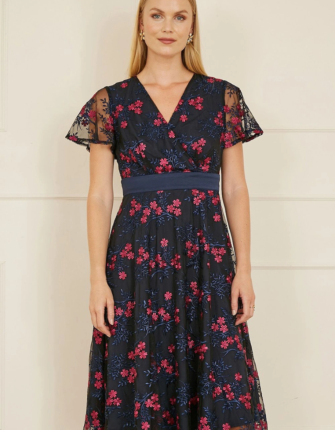 Navy Embroidered Floral Mesh Wrap Midi Skater Dress, 2 of 1