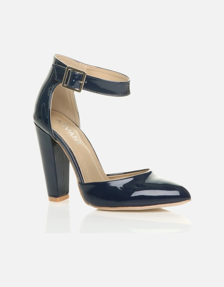 High Block Heel Ankle Strap Pointed Toe Patent 2 Part Heels