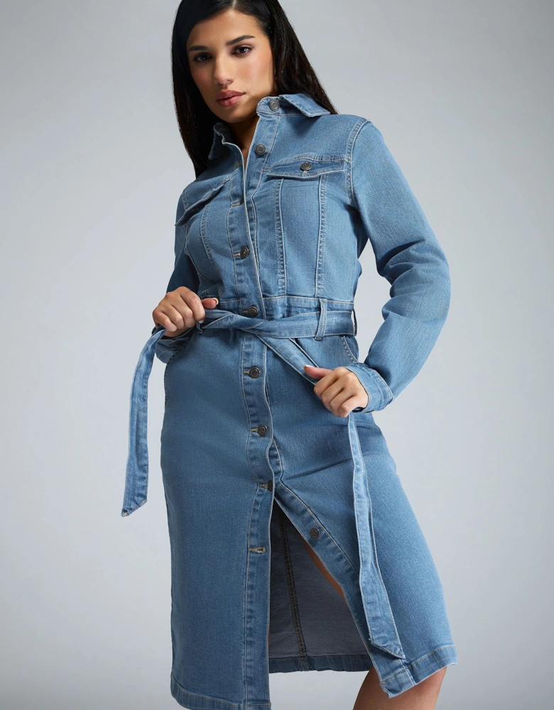 Petite Denim Tie Waist Midi Dress