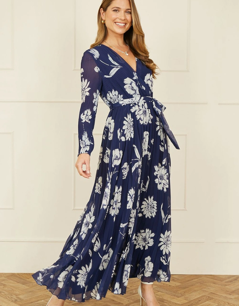Navy Floral Pleated Midi Wrap Long Sleeve Dress