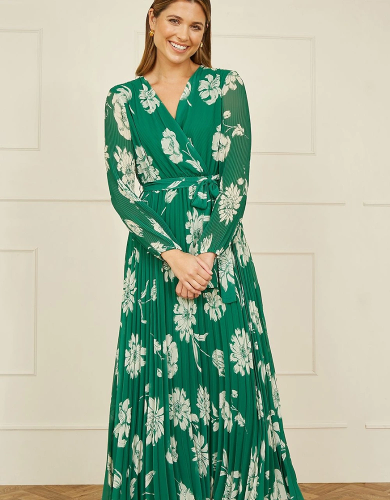 Green Floral Pleated Midi Wrap Long Sleeve Dress