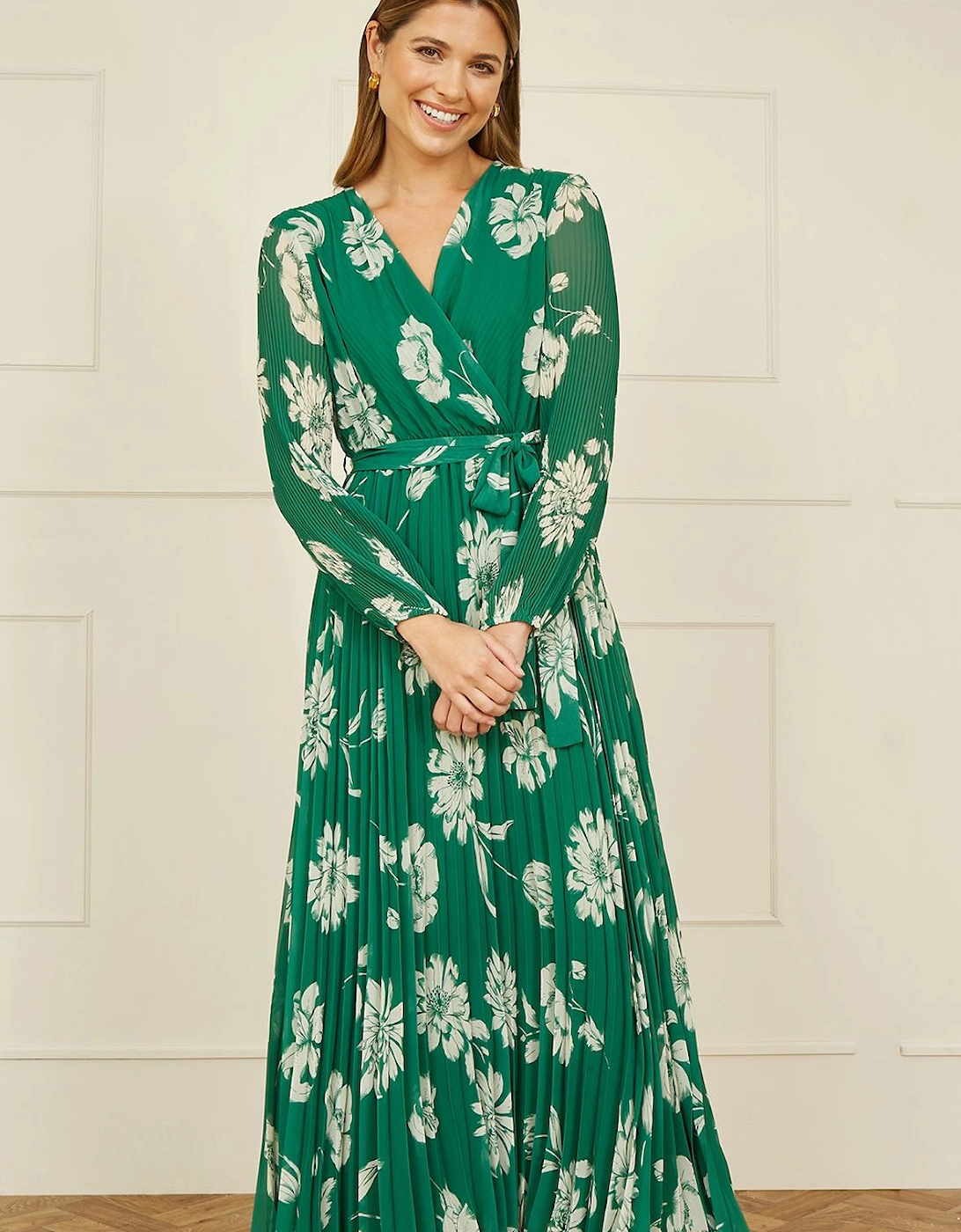 Green Floral Pleated Midi Wrap Long Sleeve Dress, 2 of 1