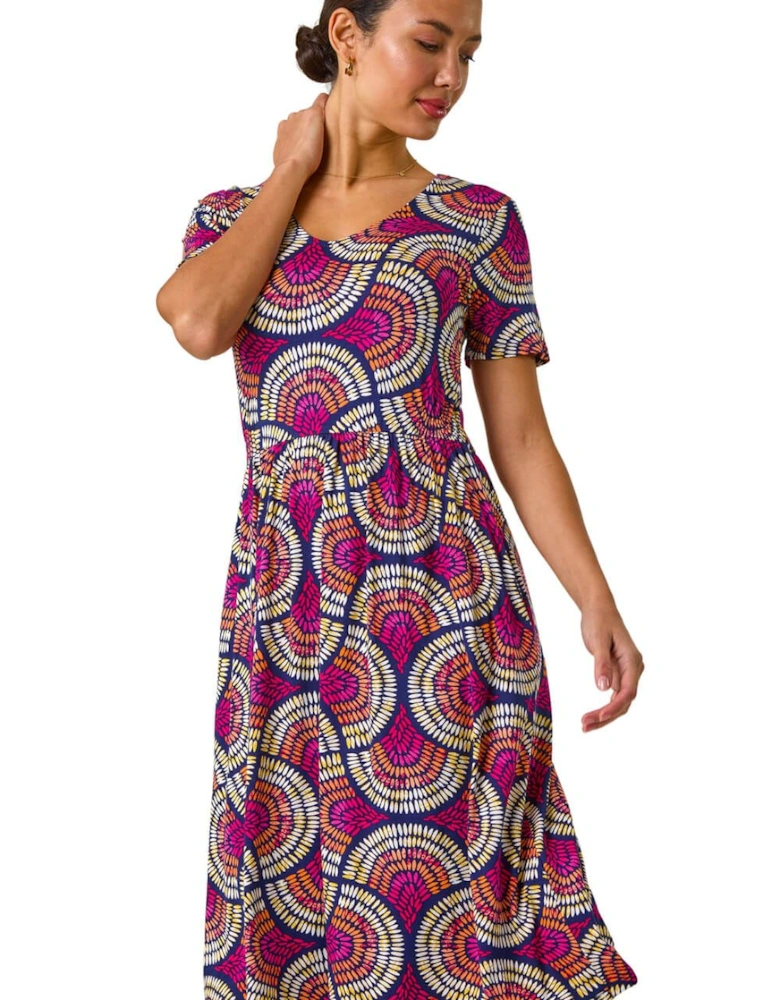 Abstract Print Stretch Midi Dress