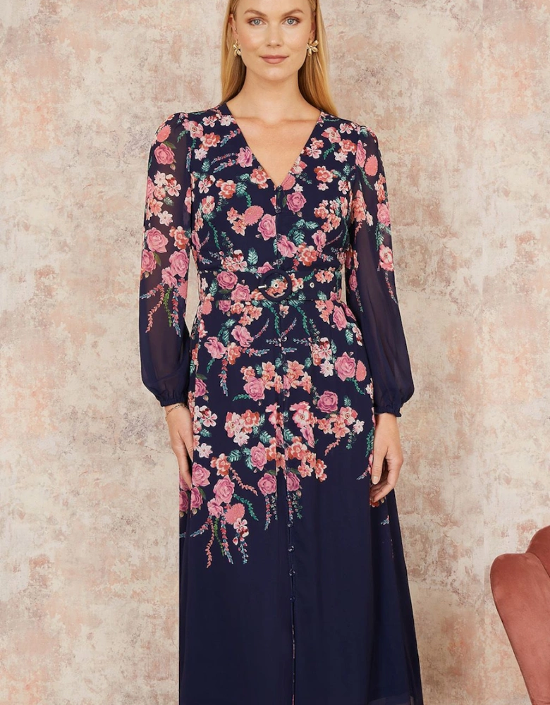 Navy Button Up  Midi Dress With Floral Placement And Long Sleeves