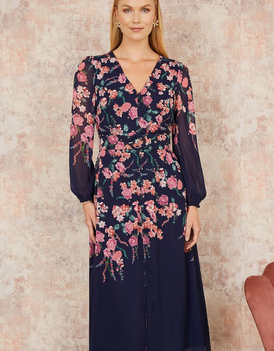 Navy Button Up  Midi Dress With Floral Placement And Long Sleeves, 2 of 1