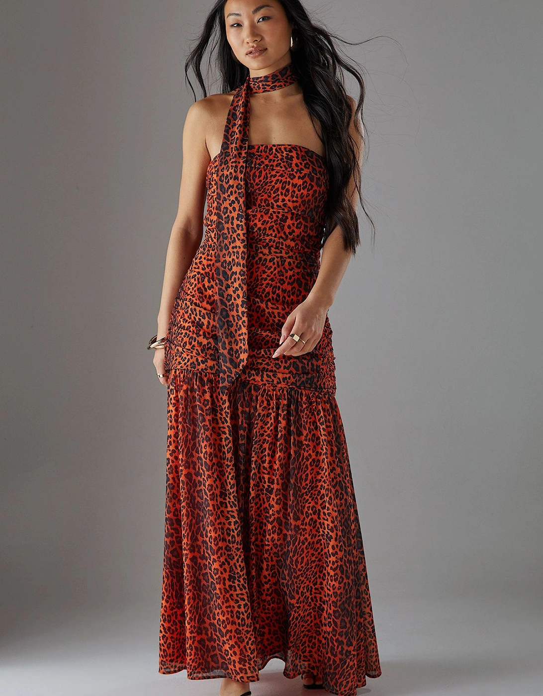 Petite Chiffon Neck Tie Bandeau Ruched Maxi Dress, 2 of 1
