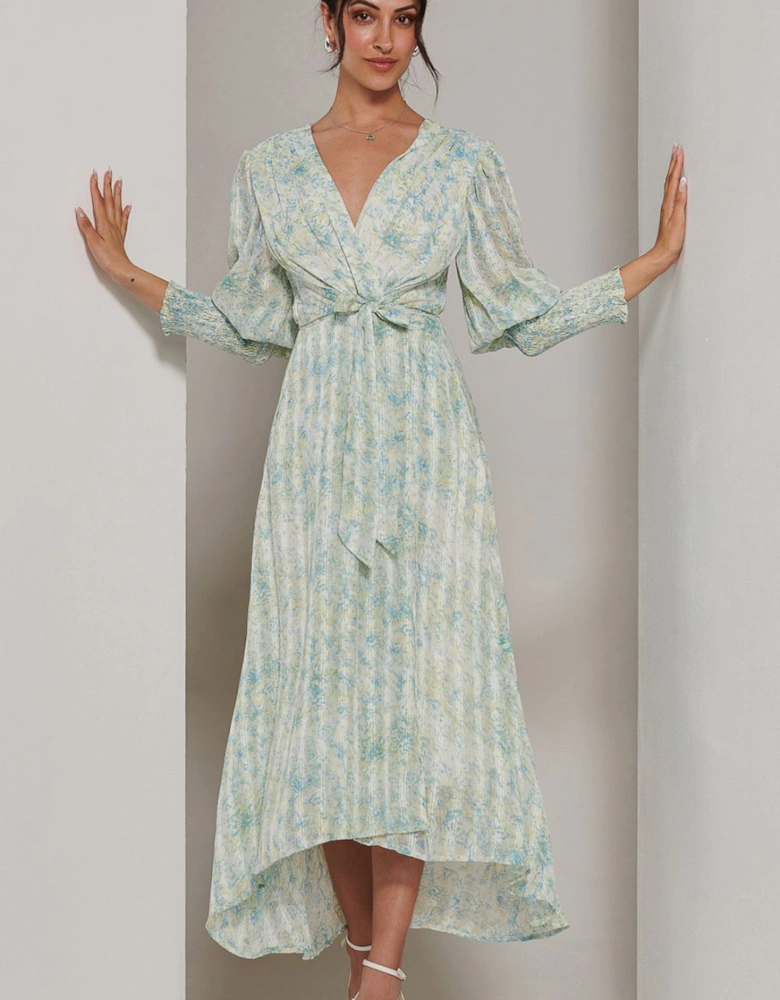 V Neck Tie Waist Puff Sleeve Maxi Dress