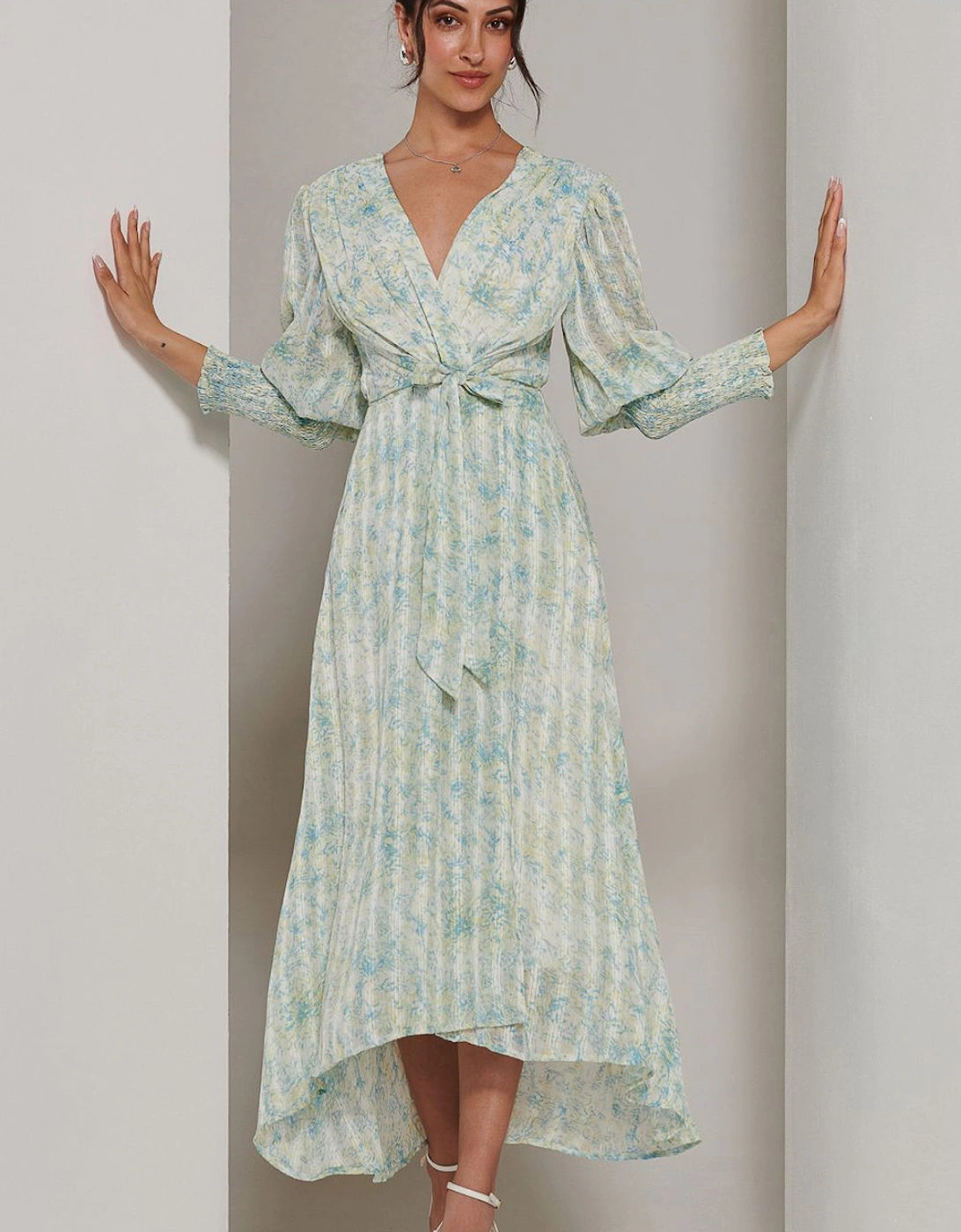 V Neck Tie Waist Puff Sleeve Maxi Dress, 2 of 1