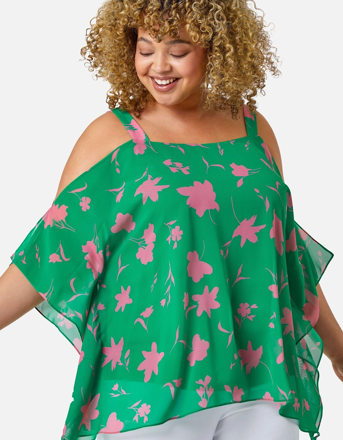 Curve Floral Cold Shoulder Chiffon Top, 2 of 1