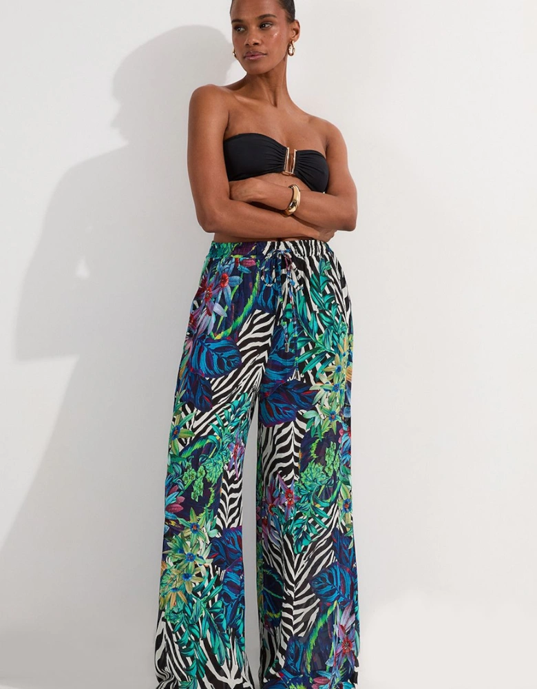 Tall Floral Animal Viscose Georgette Beach Trousers