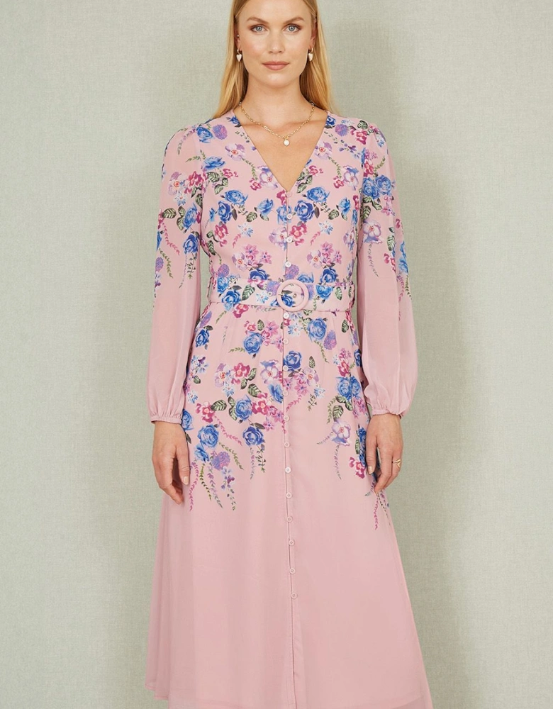 Pink Floral Placement Button Down Midi Dress With Long Sleeves