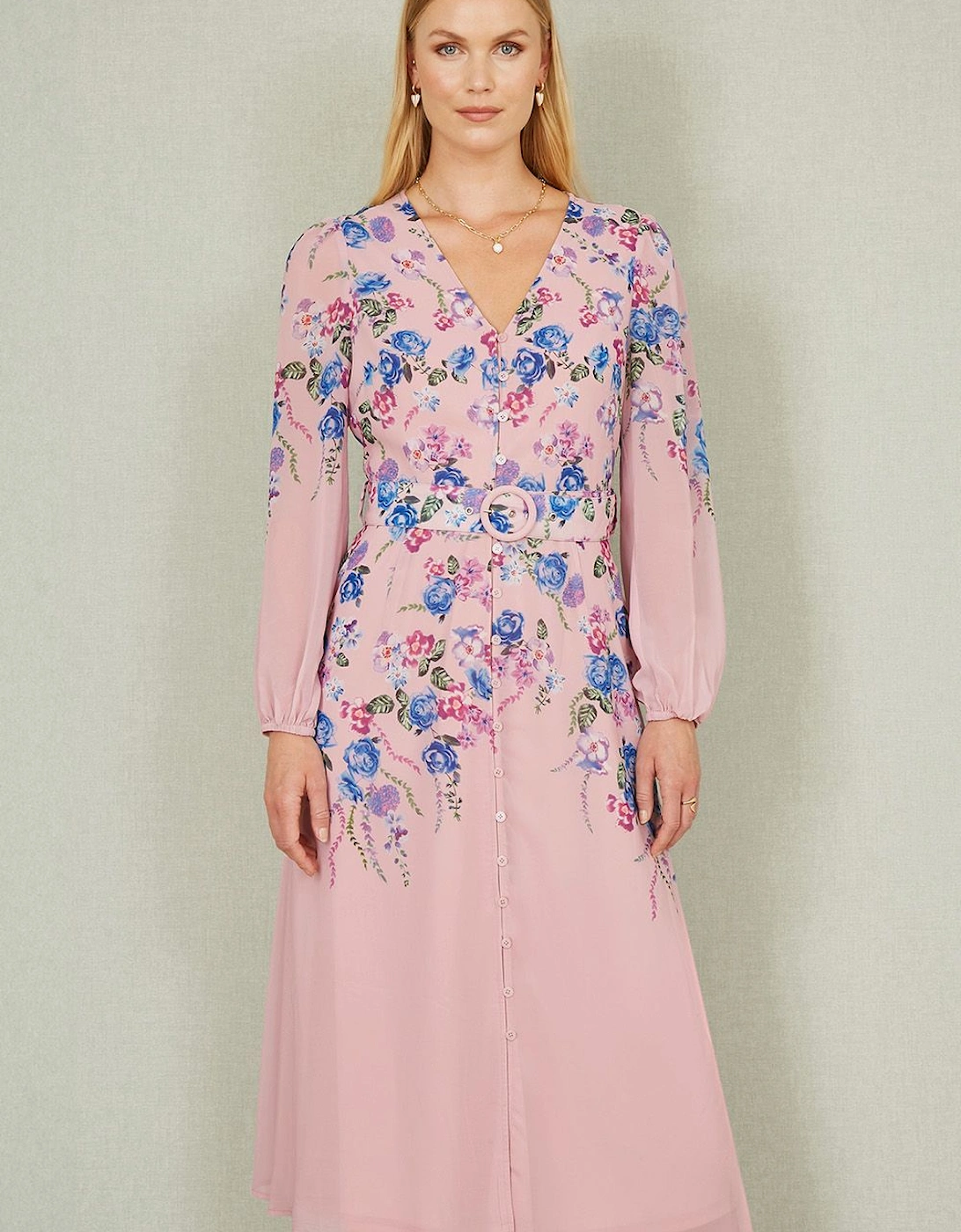 Pink Floral Placement Button Down Midi Dress With Long Sleeves, 2 of 1